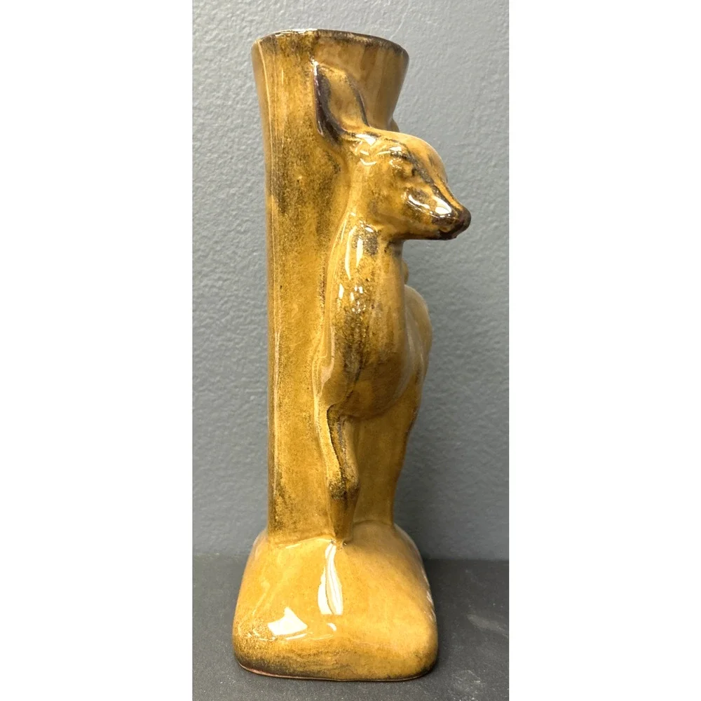 VTG Dryden Pottery Deer Vase Ozark Frontier Light Brown Drop Glaze 9” READ